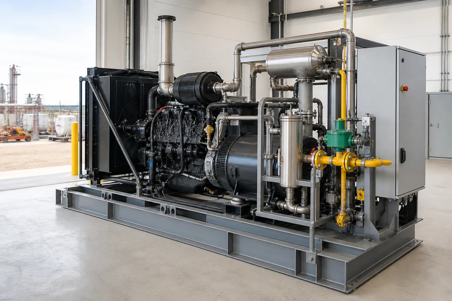 Natural gas generator package with radiator and control enclosure