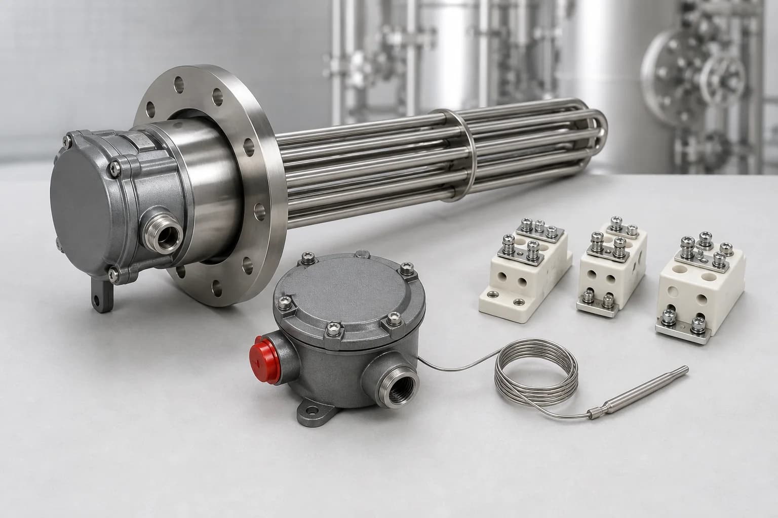 Industrial thermostat heating element and ceramic terminal components