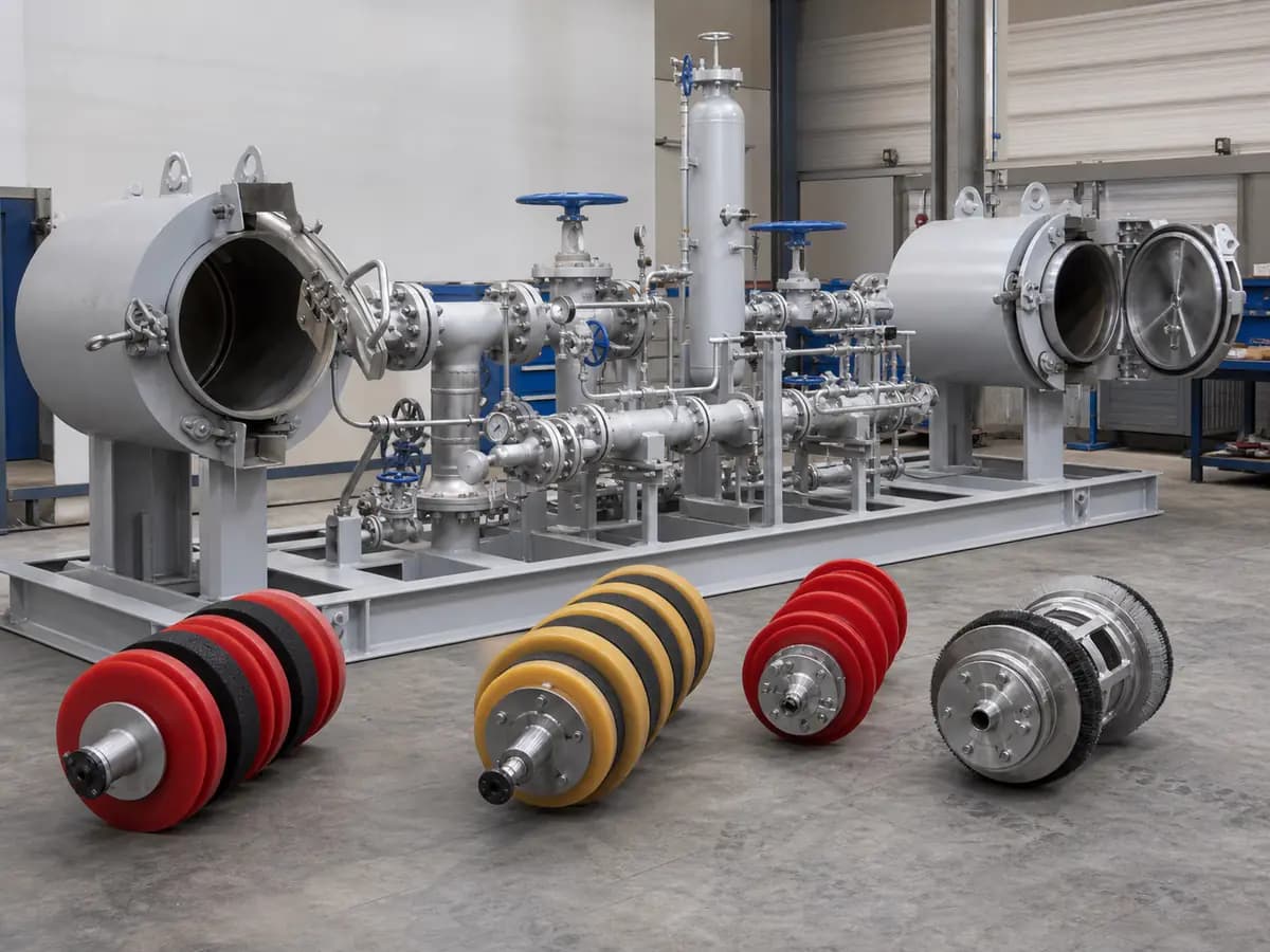 Metal-bodied in-line inspection tool beside pipeline cleaning pigs