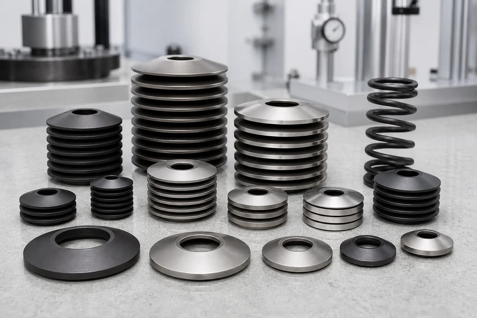 Disc spring stacks and flange bolting washers for industrial valves