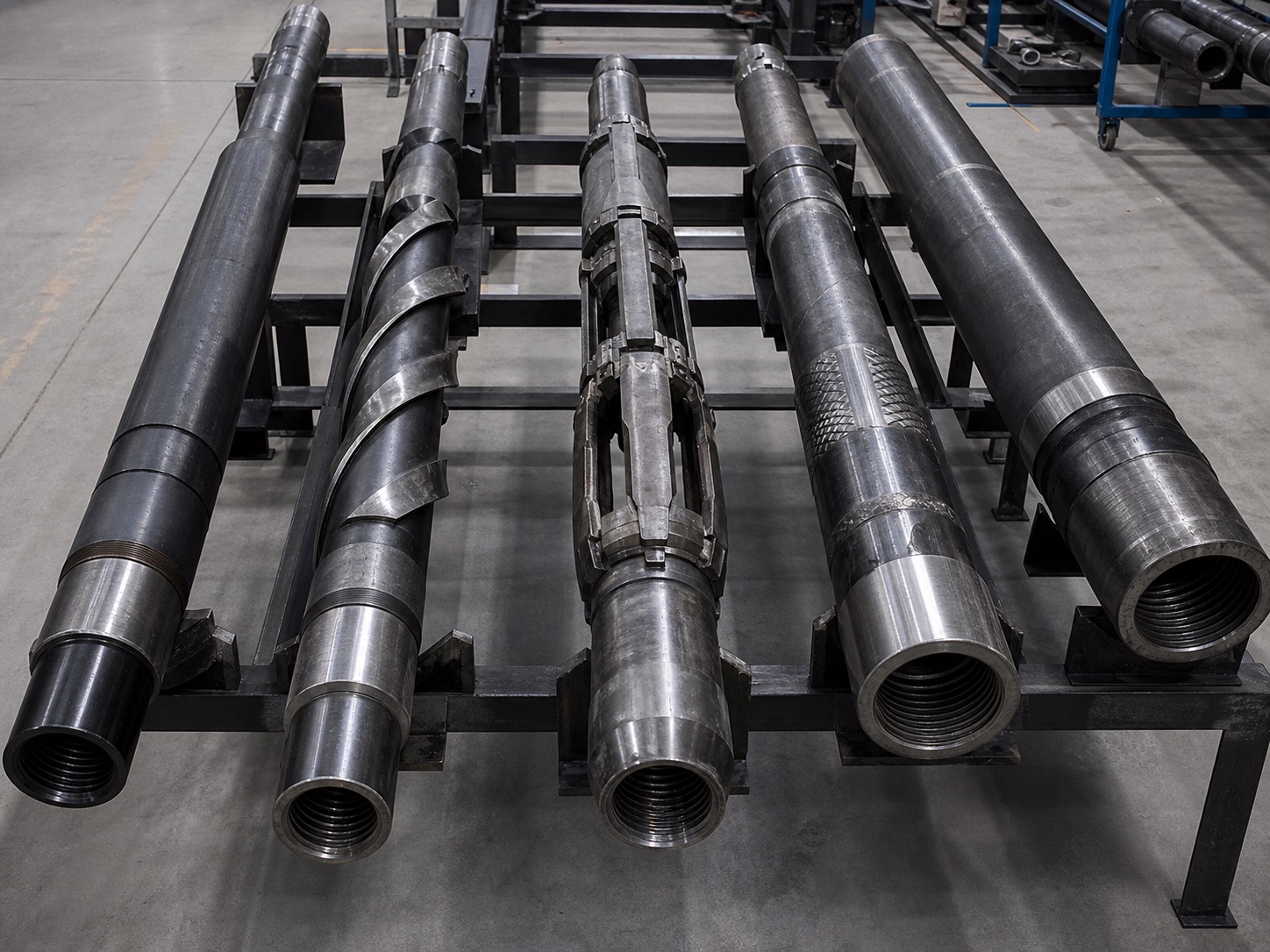 Drilling jars, stabilizers, shock subs and fishing tools on workshop racks