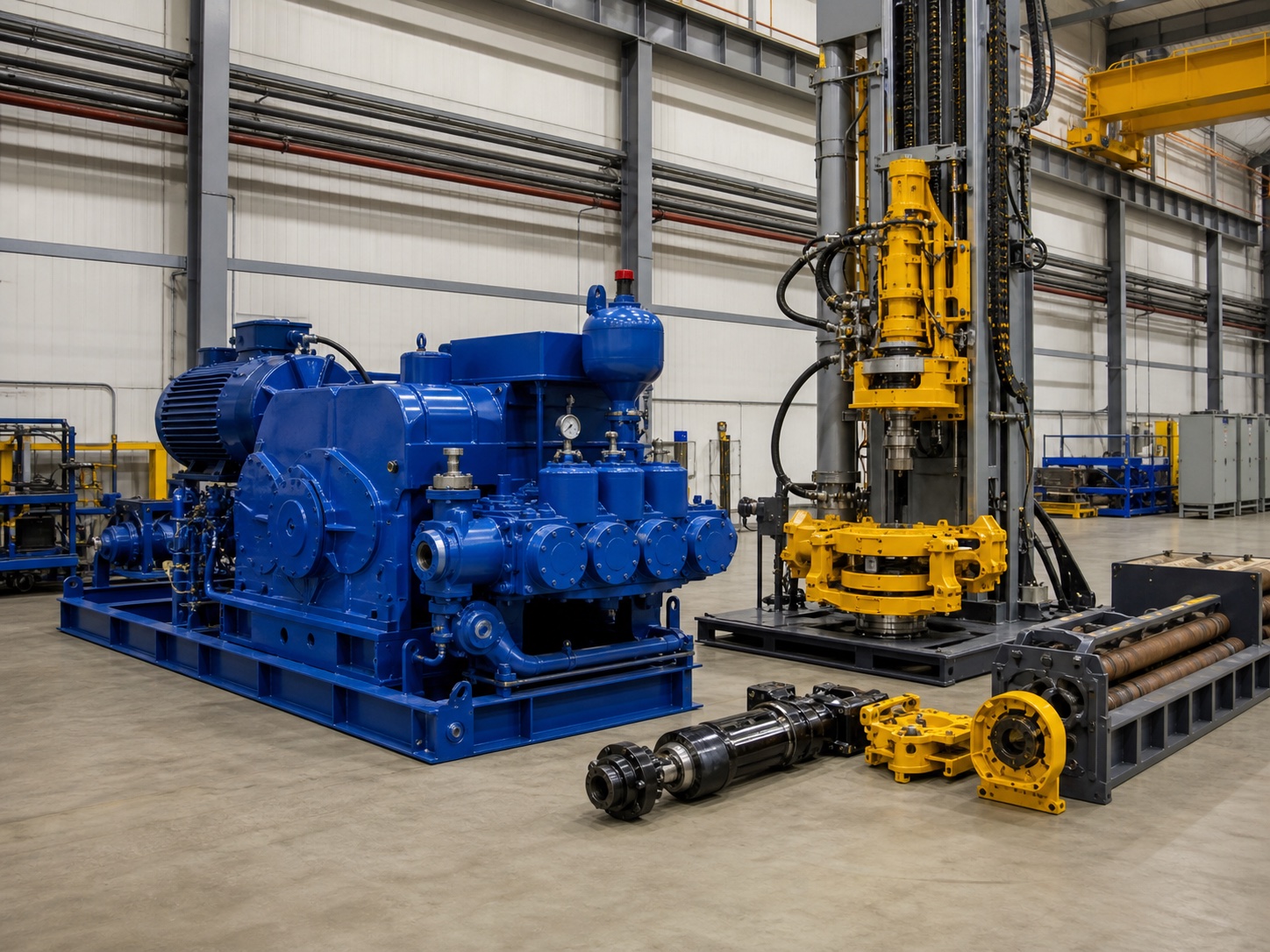 Skid-mounted triplex drilling mud pump and drive equipment in an assembly workshop