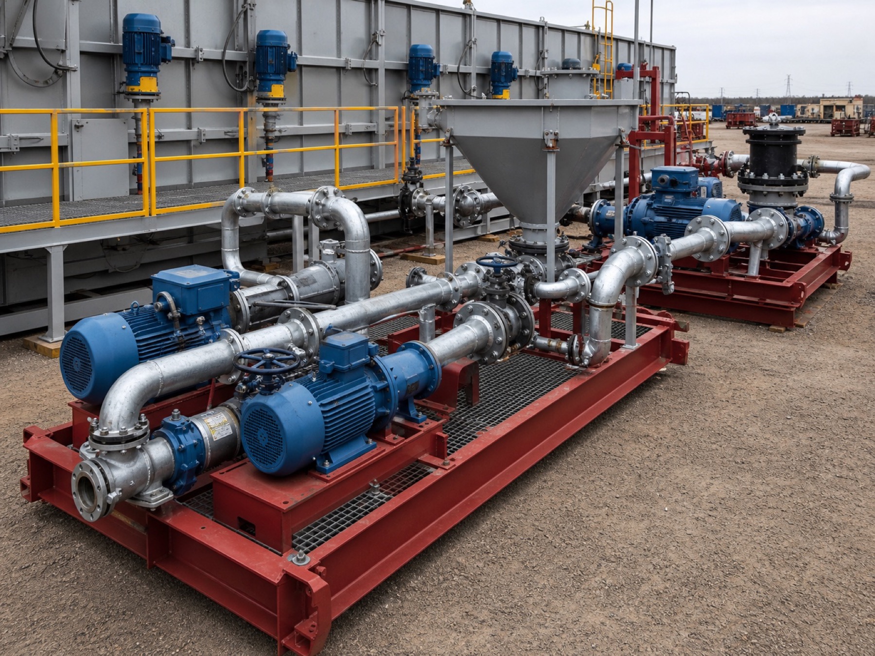 Skid-mounted centrifugal drilling mud pumps with motors and flanged piping
