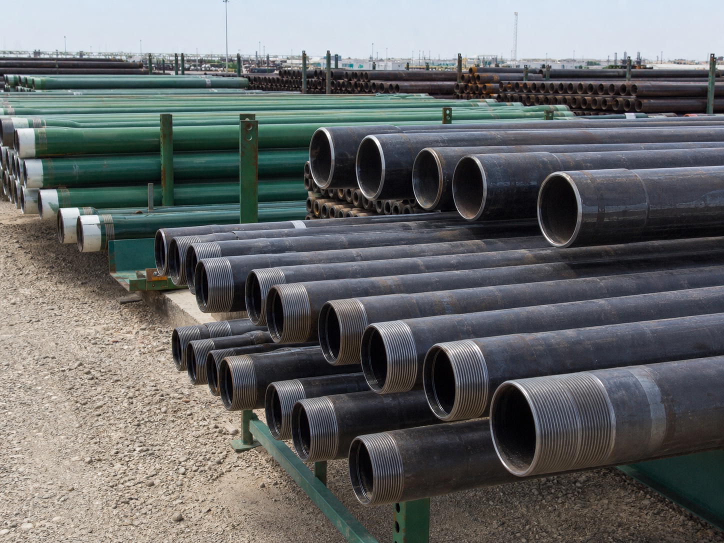 Casing, tubing, drill pipe and drill collars organized on pipe racks