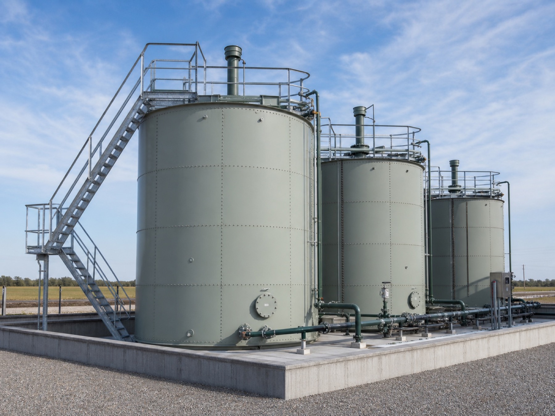 Onshore production storage tanks with stairs, vents and contained piping
