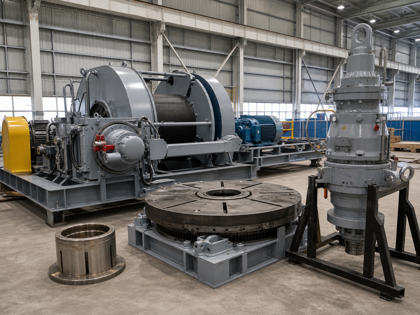 Heavy drilling-rig drawworks skid with drum and brake assemblies