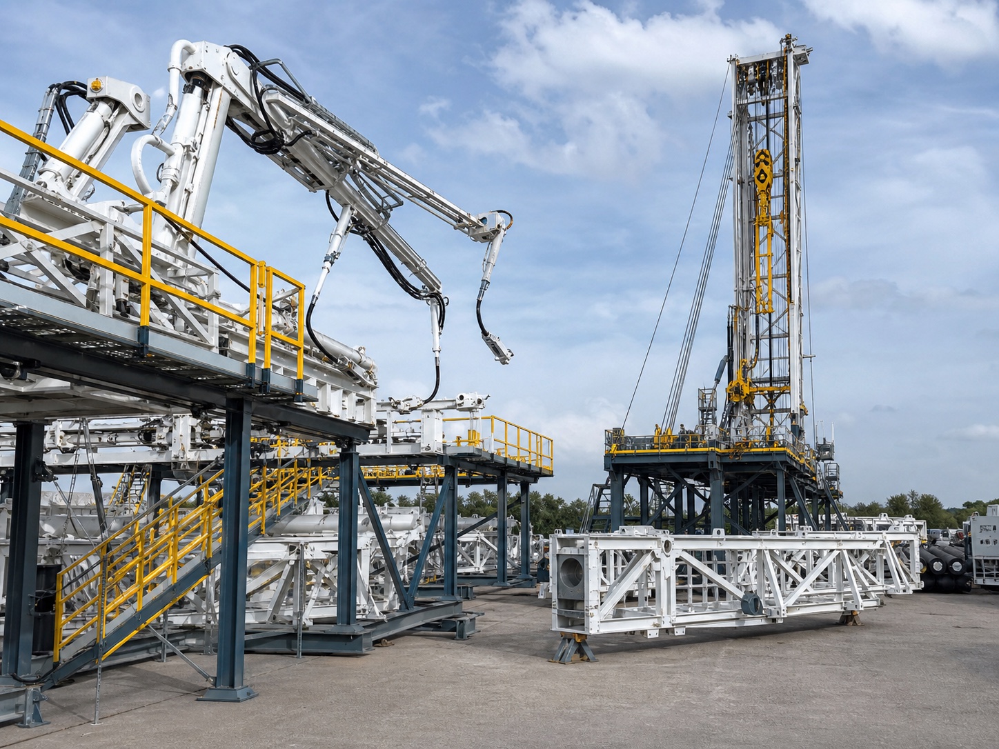 Land-rig mast and substructure modules laid out for assembly inspection