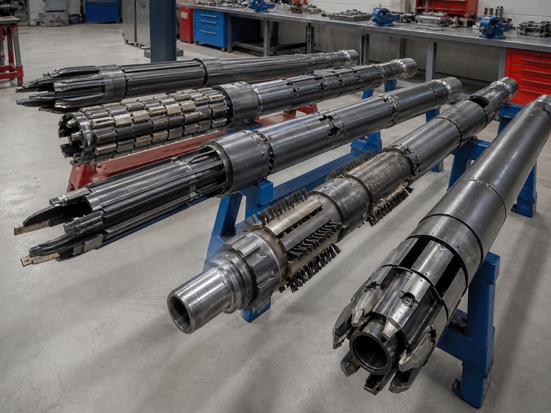Casing scrapers, brush tools and debris-recovery tools arranged on inspection stands